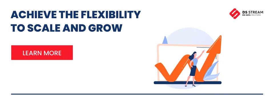 An illustration of a person climbing a growth chart, symbolizing flexibility and scalability. Next to it is the text: 'Achieve the flexibility to scale and grow' and a 'Learn more' button.