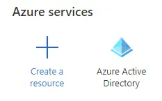 Azure services interface showing options to create a resource and access Azure Active Directory for managing app registrations and authentication.