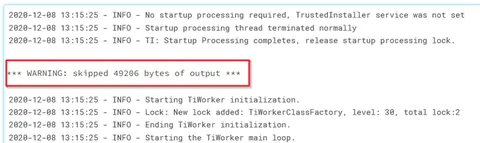 Example of a truncated output warning showing skipped 49206 bytes of output during a large ingestion job connecting to Planorama API and Salesforce API