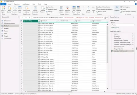 Power BI Power Query editor showing data integration and transformation options, with a table preview and applied steps listed on the right panel.