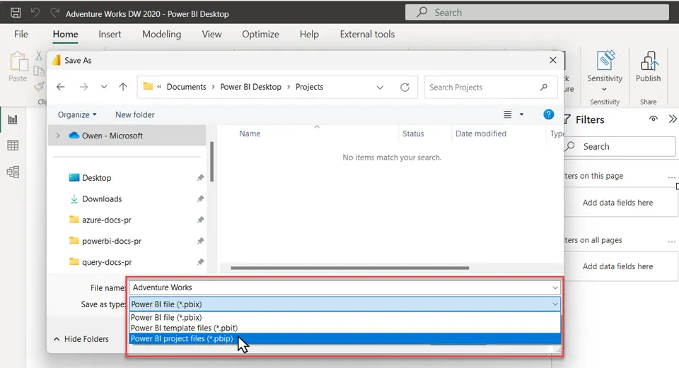 Power BI save as dialog showing the option to save a report as a Power BI project (PBIP) file for version control and CI/CD integration.