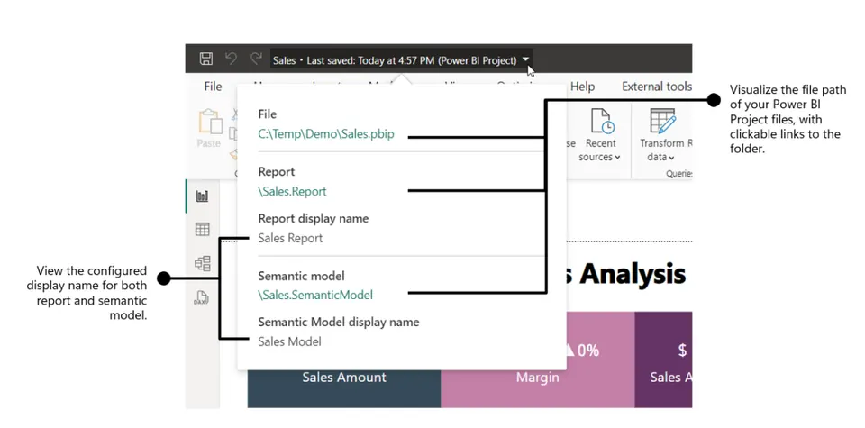 Power BI interface showing a hierarchical folder structure for a PBIP file, including semantic model and report components with clickable links.
