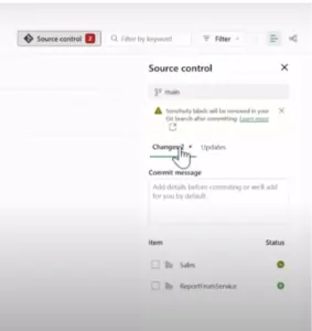 Power BI source control interface showing Azure DevOps repo integration, with options to commit changes and sync report items with the repository.