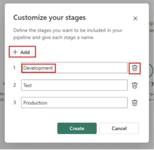 Power BI interface showing the customization of deployment pipeline stages: Development, Test, and Production, with options to add or delete stages.