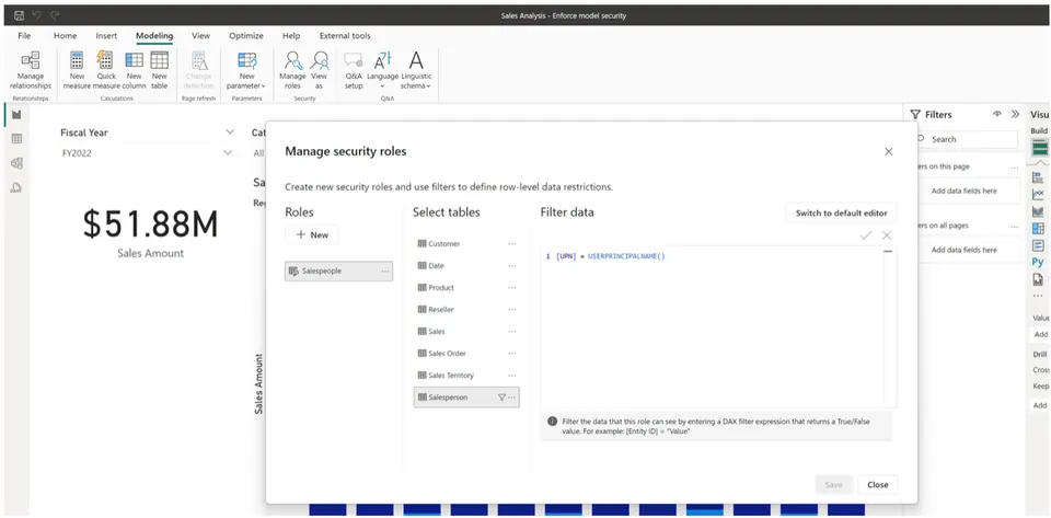 Power BI interface showing data security settings with row-level security (RLS) roles, including filters to restrict data access for specific users.