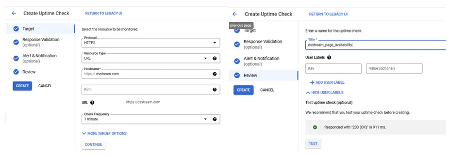 Screenshot of GCP Uptime Check configuration interface showing steps to set up target, validation, and alert notification for monitoring service availability.