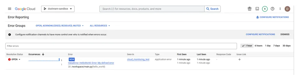 Screenshot of GCP Error Reporting interface showing a list of error groups with details such as error count, type, and last seen timestamp.