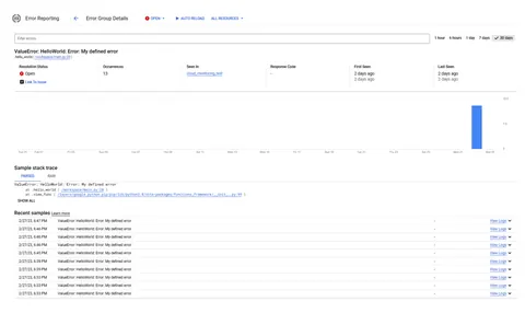 Screenshot of GCP Error Reporting details page showing error group information, sample stack trace, and recent occurrences of the error.