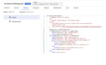 Screenshot of a GCP Cloud Function interface showing the source code editor with a Python script for an HTTP Cloud Function and related files.