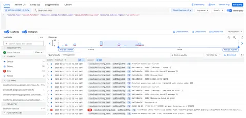 Screenshot of GCP Logging interface showing log entries, query filters, and a histogram for analyzing application and service logs.