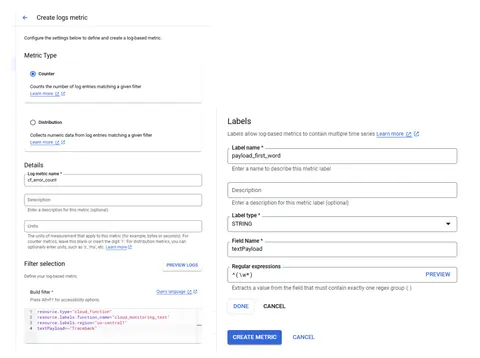Screenshot of GCP interface for creating log-based metrics, showing options for metric type, details, filter selection, and label configuration.