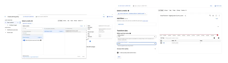Screenshot of GCP alerting setup interface showing steps to configure an alert policy, including metric selection, conditions, and notification settings.