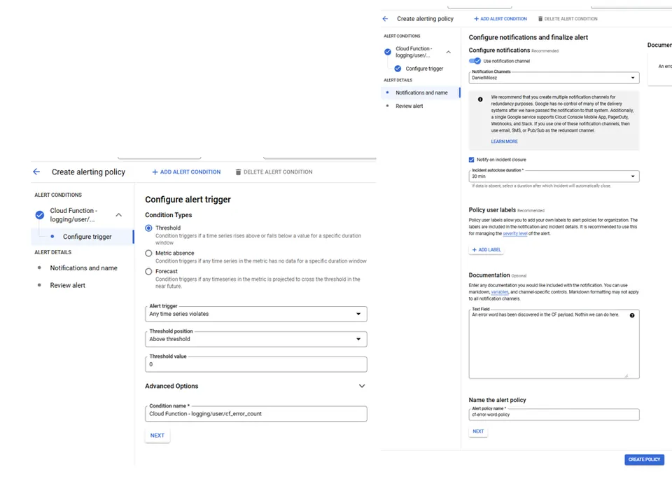 Screenshot of GCP interface for configuring an alerting policy, showing steps to set alert triggers, notification channels, and finalize the alert.