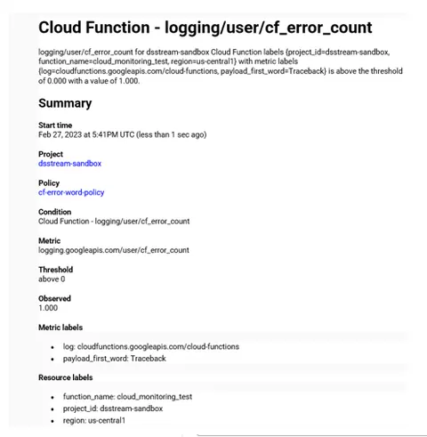 Screenshot of an email notification from GCP alerting system, showing details of a triggered alert for a Cloud Function error count metric.