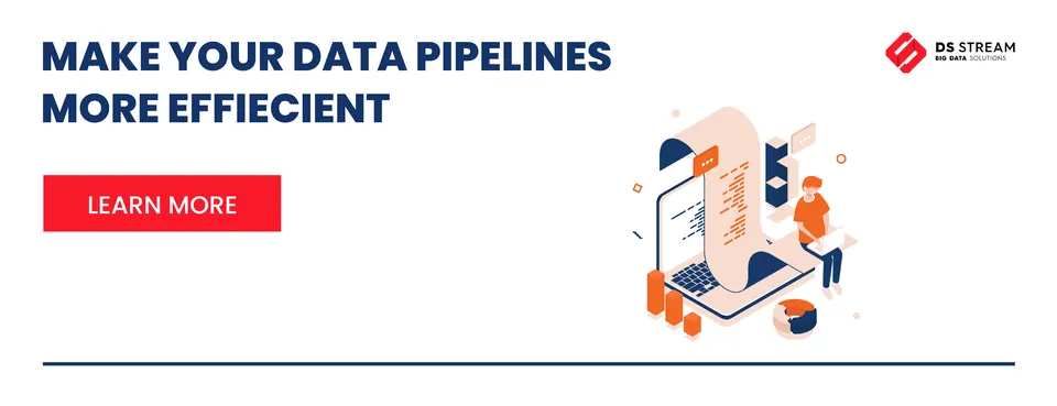 Illustration showcasing data pipeline optimization with the slogan 'Make Your Data Pipelines More Efficient' and a 'Learn More' button.